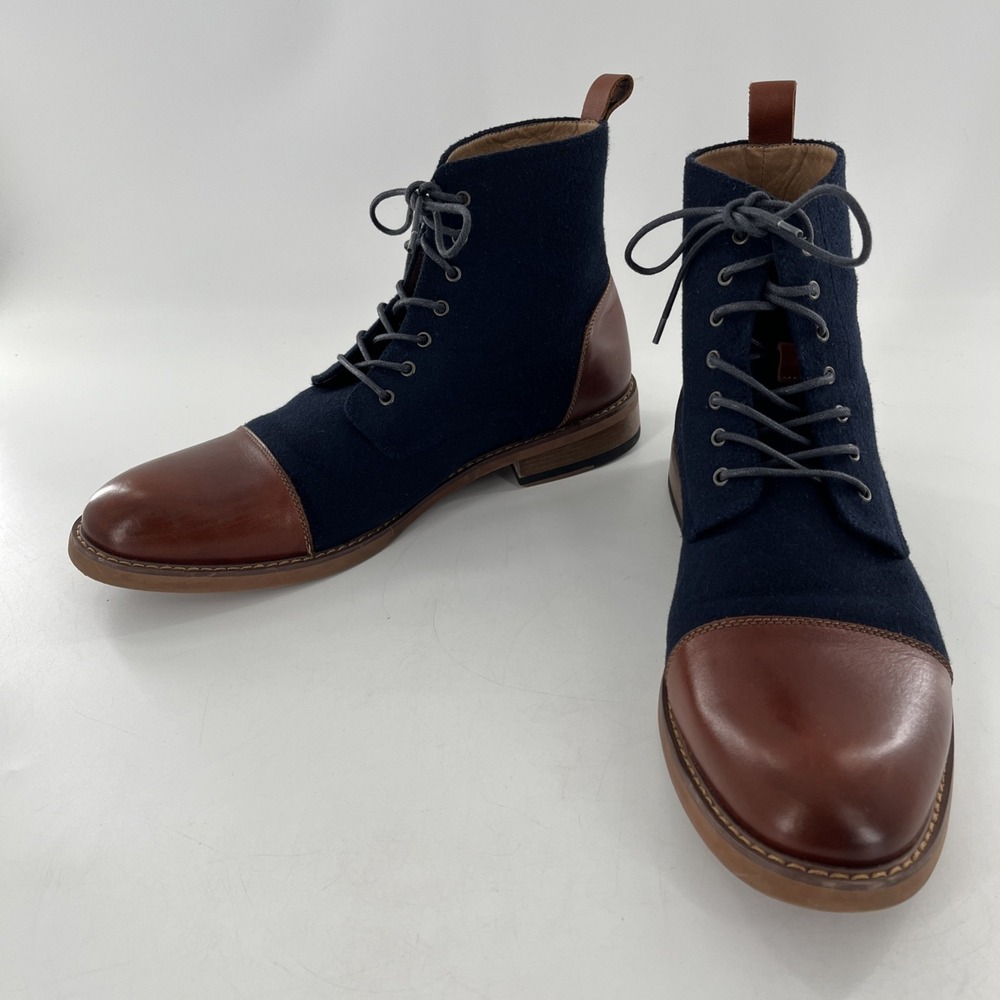 La Milano Mens Lace Up Boots Stance Cognac‎ Navy Leather Fabric Cap Toe Size 14
